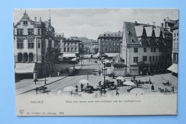Postcard PC Mainz 1900 market day Shops Houses Town architecture Rheinland Pfalz